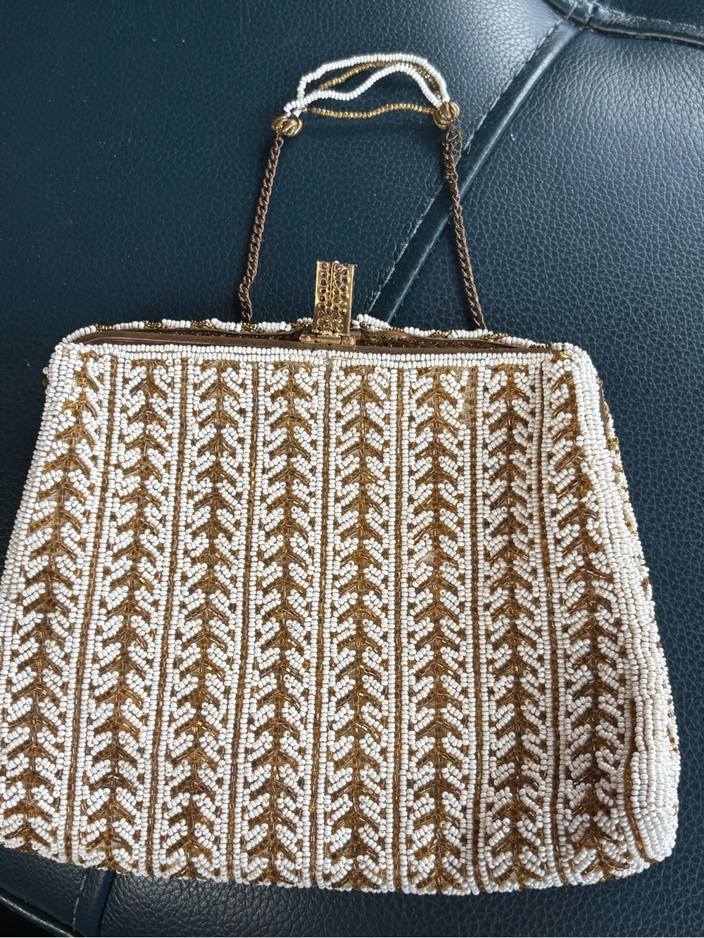 VTG Handmade in France Glass Beaded Chevron Evening Bag Purse White Gold